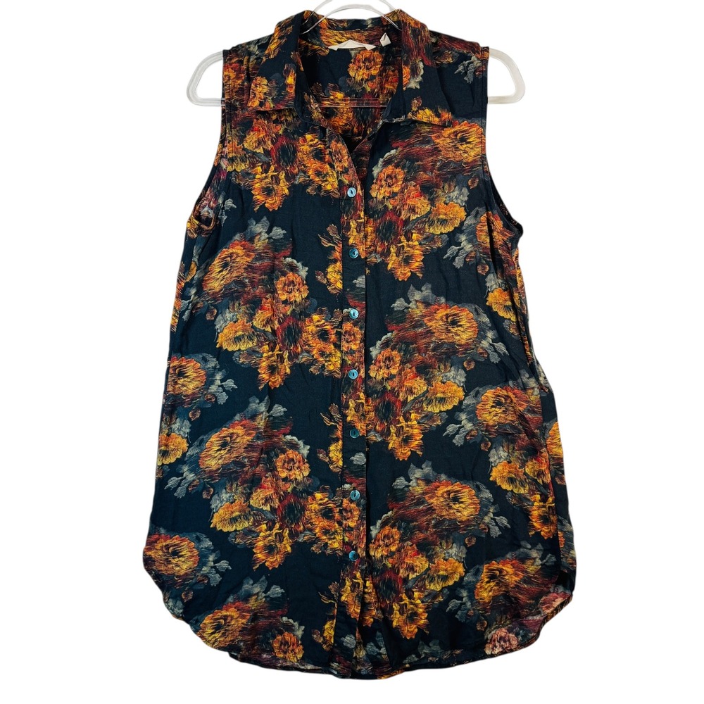 Soft‎ Surroundings Zarra Floral Sleeveless Tunic Top Black Orange L Cottage Fall
